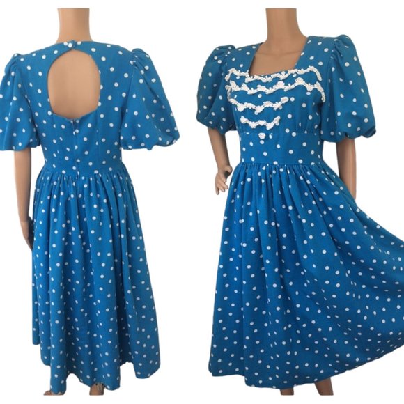 Go Vicki Dresses & Skirts - Blue Polka Dot Dress 80s Retro Open Back Cotton S